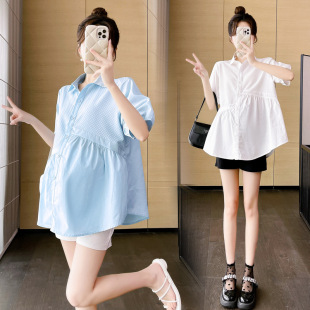 2025 in stock 2025 New Pregnant Women Korean Style Bubble Pair Stitching Loose Doll Shirt Top Belly Shorts