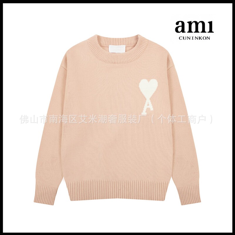 AMI クラウド ジャカード セーター ビッグ ラブ刺繍 ユニセックス ラウンドネック セーター カシミア混 ソフトワックス トップ|undefined