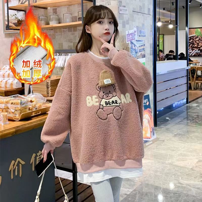 임산부 가을 겨울 의류 정장 스웨터 그물 레드 램 울 플러스 벨벳 두꺼운 바닥 착용 가짜 투피스 임산부 최고 트렌드