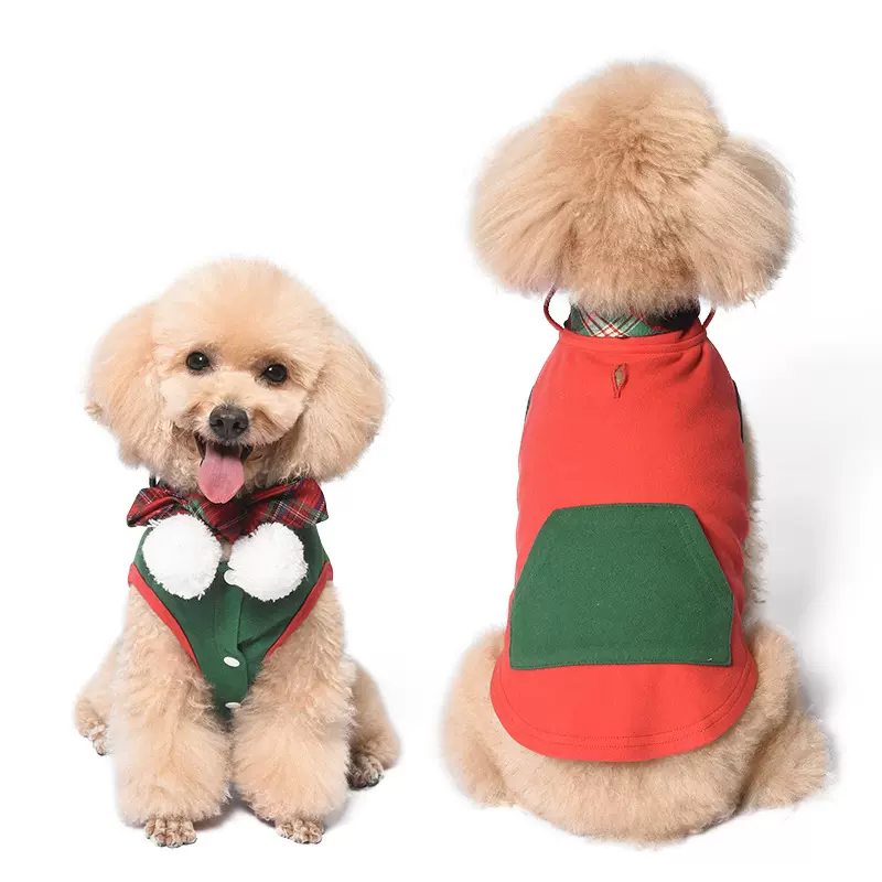 新款宠物圣诞装经典格子拼色狗狗圣诞马甲米德绒泰迪法斗狗狗卫衣