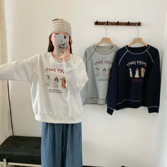 秋季复古简约印花圆领卫衣女慵懒风休闲长袖内搭灰色oversize上衣