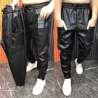 春秋季皮裤男休闲裤防水免洗裤子潮流黑色束脚裤机车PU小脚长裤
