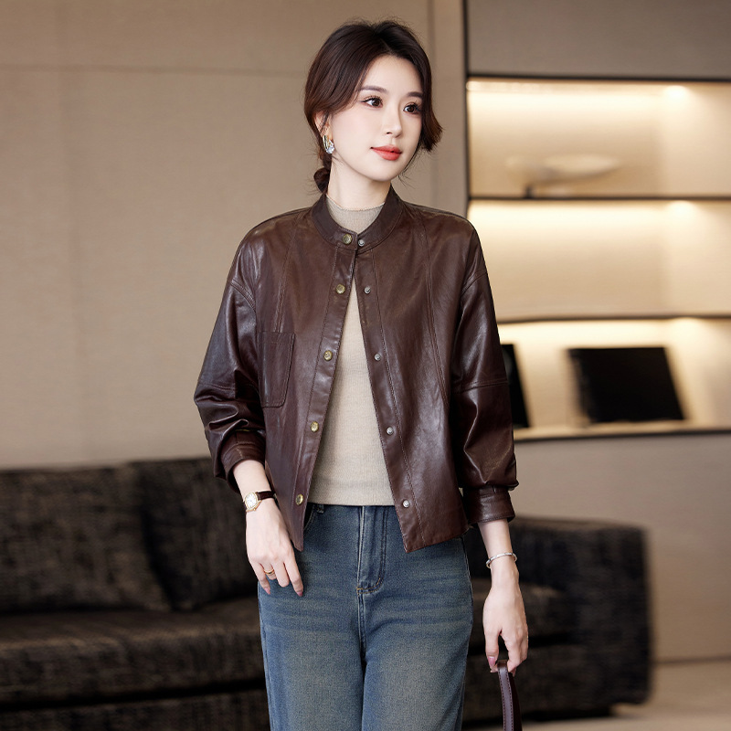 绵羊皮真皮皮衣短款上衣女秋季新款气质立领时尚洋气夹克百搭外套|undefined
