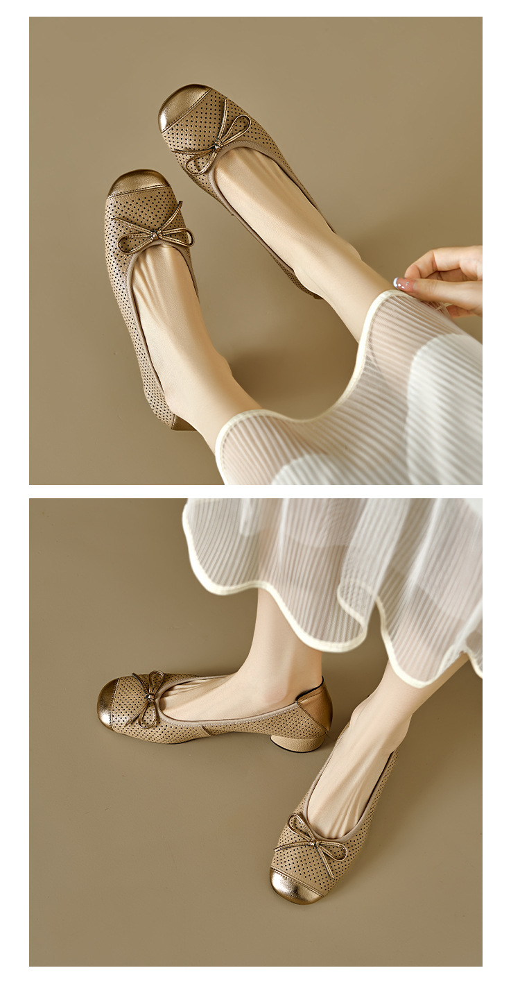 Sandal nữ da cừu miệng nông đục lỗ gót thô thấp phong cách Xiaoxiangfeng — Màu nâu chi tiết 11