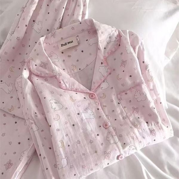 All-Over Printed Pink Bunny Women's Pajamas, Spring and Autumn Long-Sleeved Long-Pants Cardigan Set, Student Dormitory Home Wear All-Over Printed Pink Bunny Women's Pajamas, Spring and Autumn Long-Sleeved Long-Pants Cardigan Set, Student Dormitory Home Wear