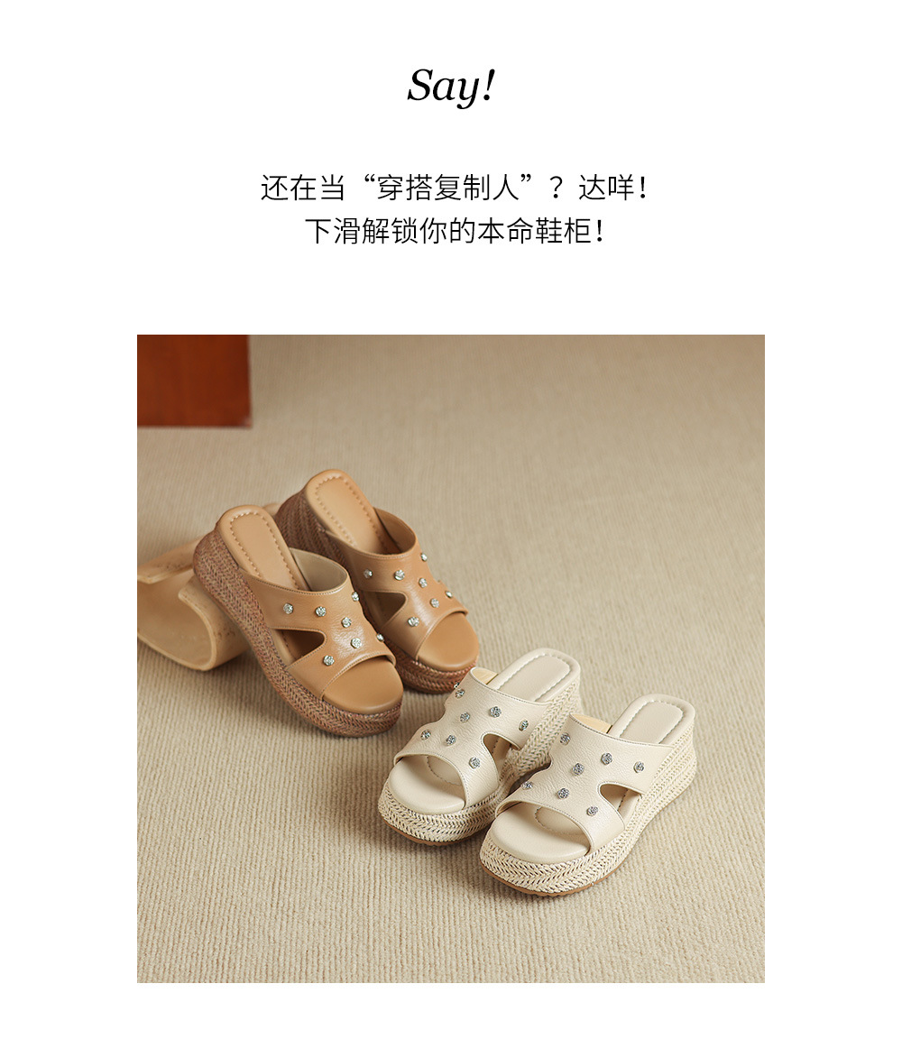 Dép sandal nữ quai chữ V đế đan thô đinh tán mũi hở — Trà sữa màu, màu trắng ngà chi tiết 2