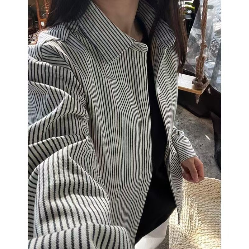 竖条纹樱桃刺绣棉质衬衫女春款防晒外套休闲宽松百搭开衫上衣严选|undefined