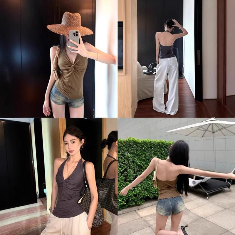 Halter Camisole Women's Outer Wear Summer V-neck Kink Elegant Slim-fit Slimming High-end Backless Sleeveless Top