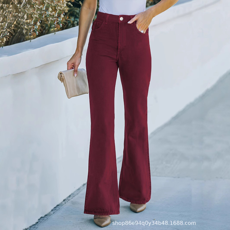 Cross-Border Spot European and American Traceable Wine Red Denim Bell-Bottom Pants Temu Amazon Shein Aliexpress Tk Independent Station Cross-Border Spot European and American Traceable Wine Red Denim Bell-Bottom Pants Temu Amazon Shein Aliexpress Tk Independent Station