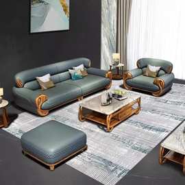 现代乌金木轻奢真皮沙发新中式实木转角直排沙发1234组合别墅套装