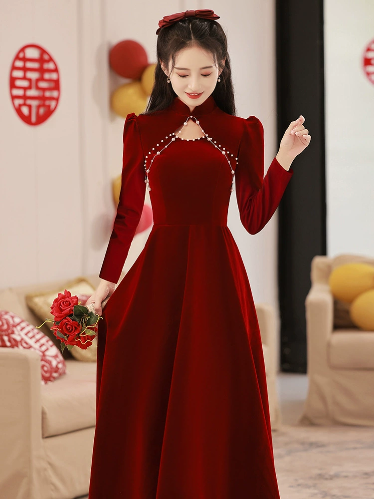 Summer evening dress, red velvet long cheongsam, wedding dress