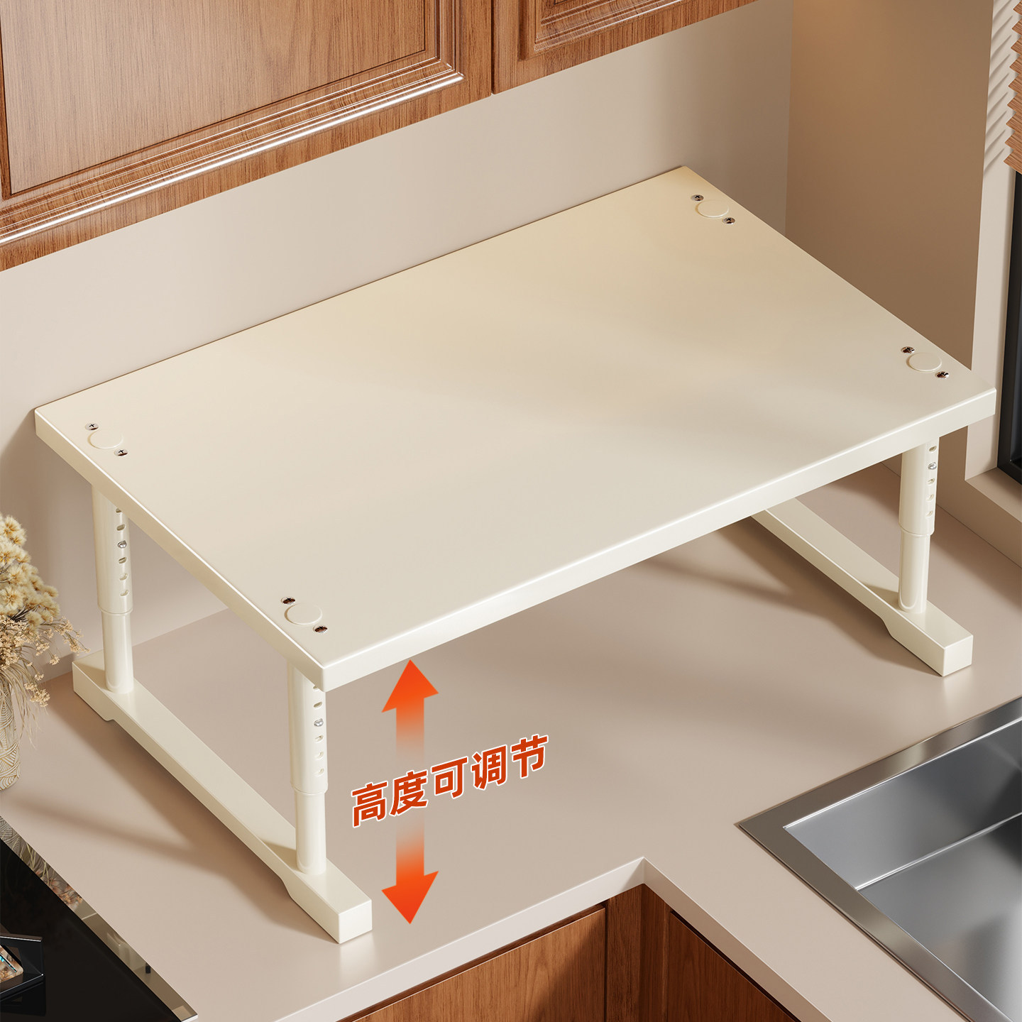 Microwave oven rack, multifunctional layered partition board for kitchen cabinets, extendable countertop storage rack for spices and oven