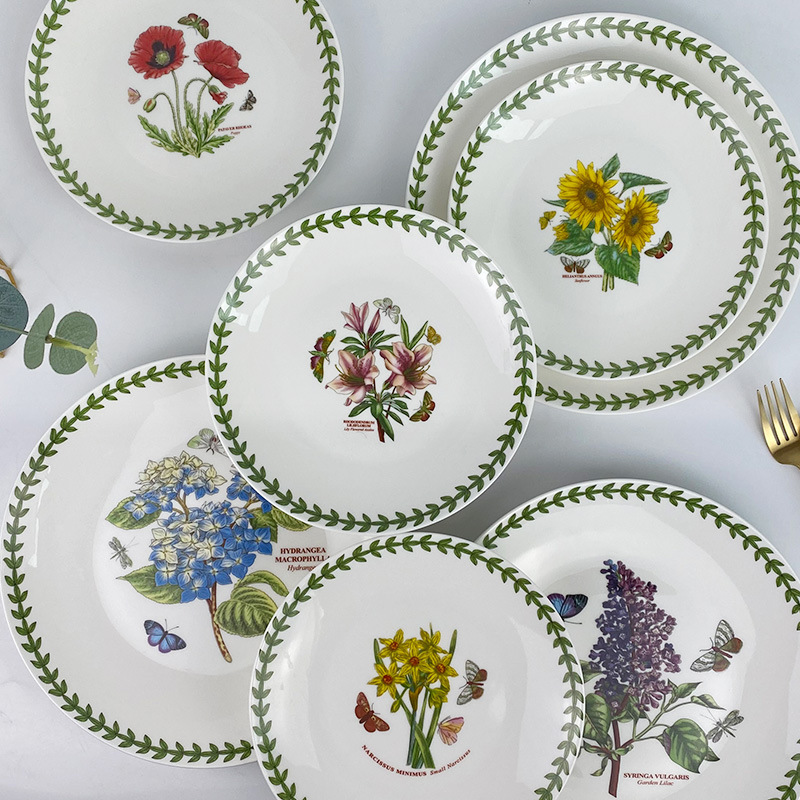 Ceramic Tableware Bone China Fruit Plate Porter Shallow Plate Merrill Lynch Plant Garden Plate Western Food Plate suit ins Flowers