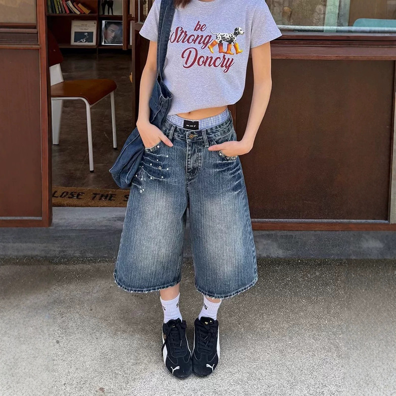 American-Style Cropped Jeans for Women, Summer Thin Straight-Leg Cropped Wide-Leg Pants, Loose Denim Cropped Pants for Women, Summer American-Style Cropped Jeans for Women, Summer Thin Straight-Leg Cropped Wide-Leg Pants, Loose Denim Cropped Pants for Women, Summer