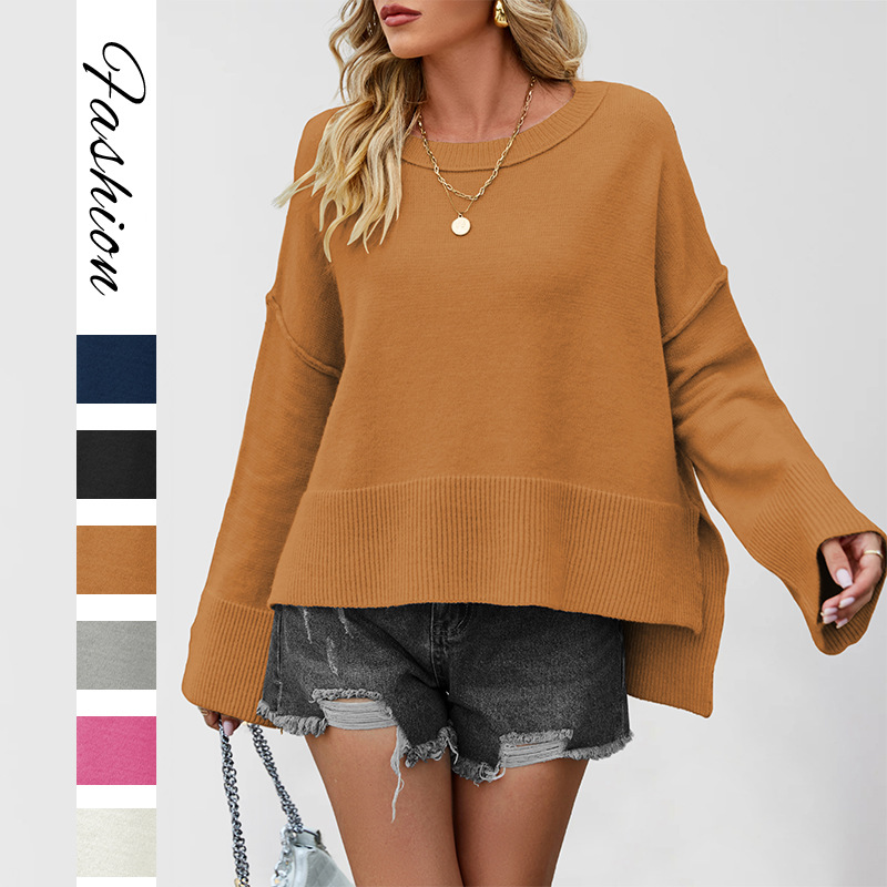 Suéter de Mujer Otoño/Invierno 2025, Nuevo Estilo Europeo y Americano, Cuello Redondo, Manga Acampanada, Color Sólido