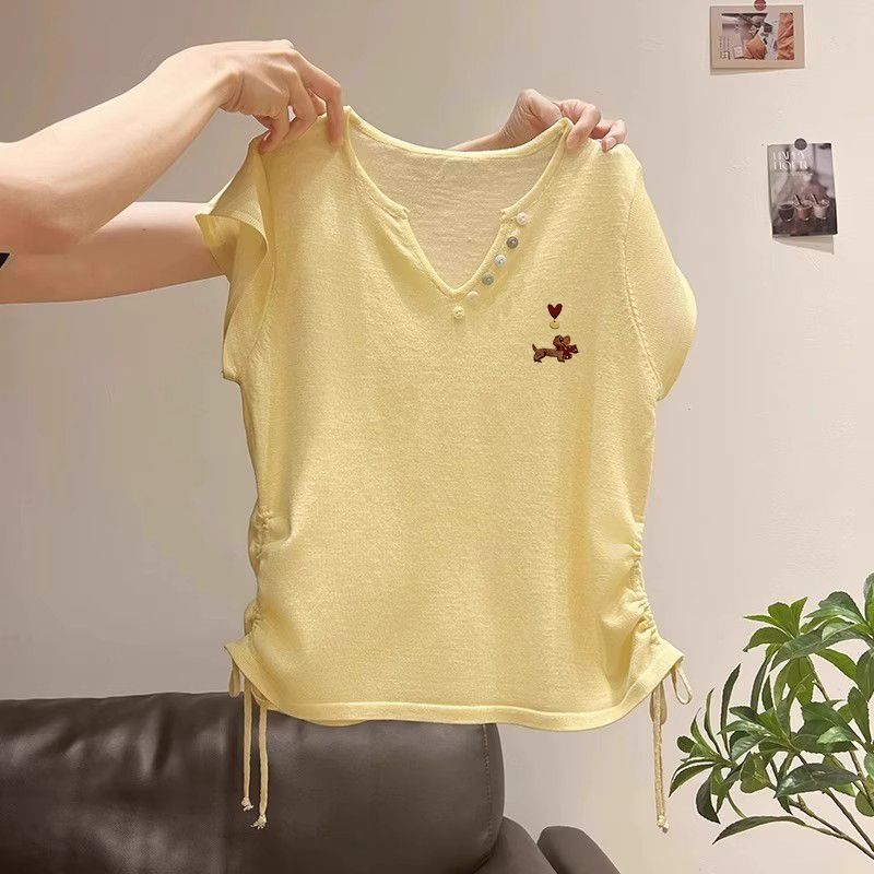 Summer Linen T-Shirt Slim Fit Short-Sleeve Women's 2025 New Popular Style Waist-Cinching Top Stylish Knit Shirt
