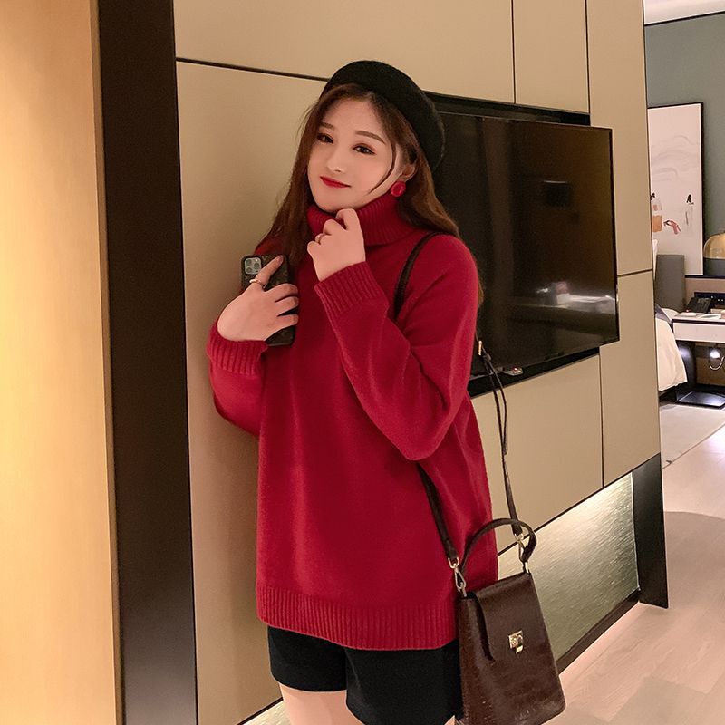 Plus Size Women's Autumn and Winter New Style Fat mm High Collar Bottoming Knitwear Tops Foreign Style Pure Color Knitwear Women's Loose