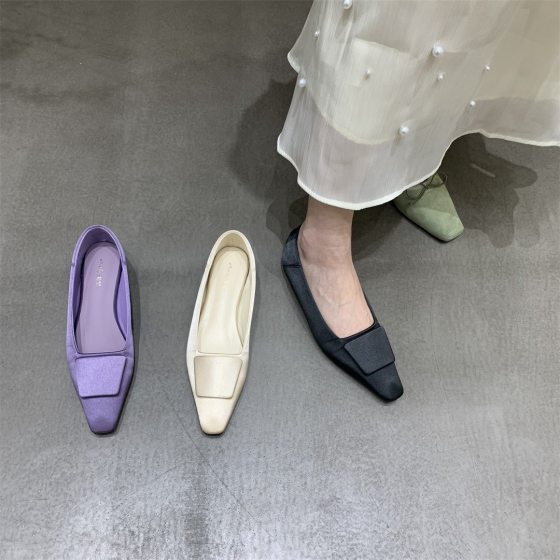 Inner Height Increase 3CM Square Head Shoes Women's 2025 Spring New with Skirt Flat Satin Square Buckle Commuter Milk Shoes