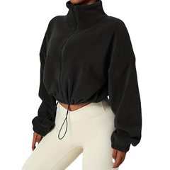 Women's Warm Fleece Crop Jacket With Zipper And Drawstri跨境