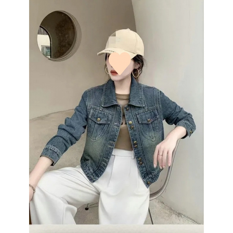Xiaoxiangfeng ショートデニムジャケット女性のための 2025 秋韓国スタイルの新しい襟古い厚みのある気質デニムジャケット|undefined