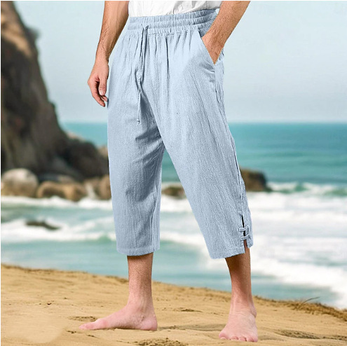 New Cross-Border Amazon Men's Casual Summer Waist Drawstring Multi-Pocket Cotton and Linen Cropped Beach Pants