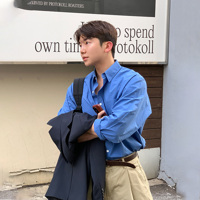 Klein Blue Long Sleeve Shirt Spring and Summer Men's Business Professional Dress Hong Kong Style Loose Casual Outer Wear Sun Protection Shirt Klein Blue Long Sleeve Shirt Spring and Summer Men's Business Professional Dress Hong Kong Style Loose Casual Outer Wear Sun Protection Shirt