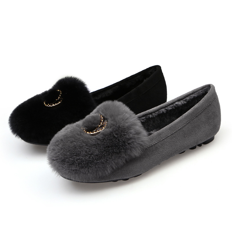 Zapatos de felpa de mujer 2023 Otoño e Invierno Nuevo estilo coreano versátiles zapatos de piel de conejo real zapatos planos forrados de lana zapatos de guisantes de diamantes de imitación image 7