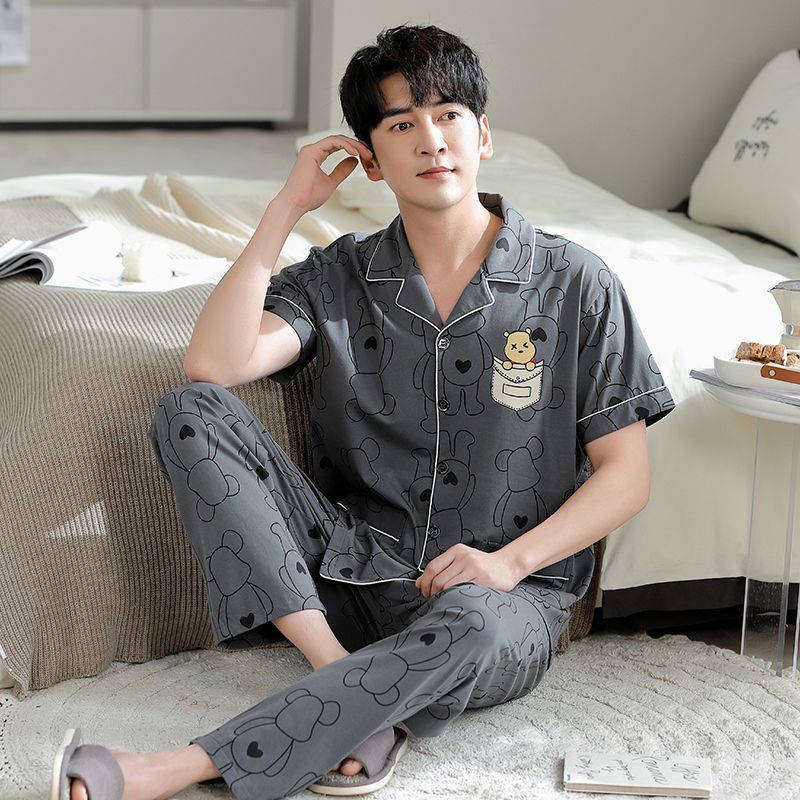 Pajamas de algodón para hombres de verano Cardigan de mangas cortas pantalones largos delgados set de ropa de hogar grande