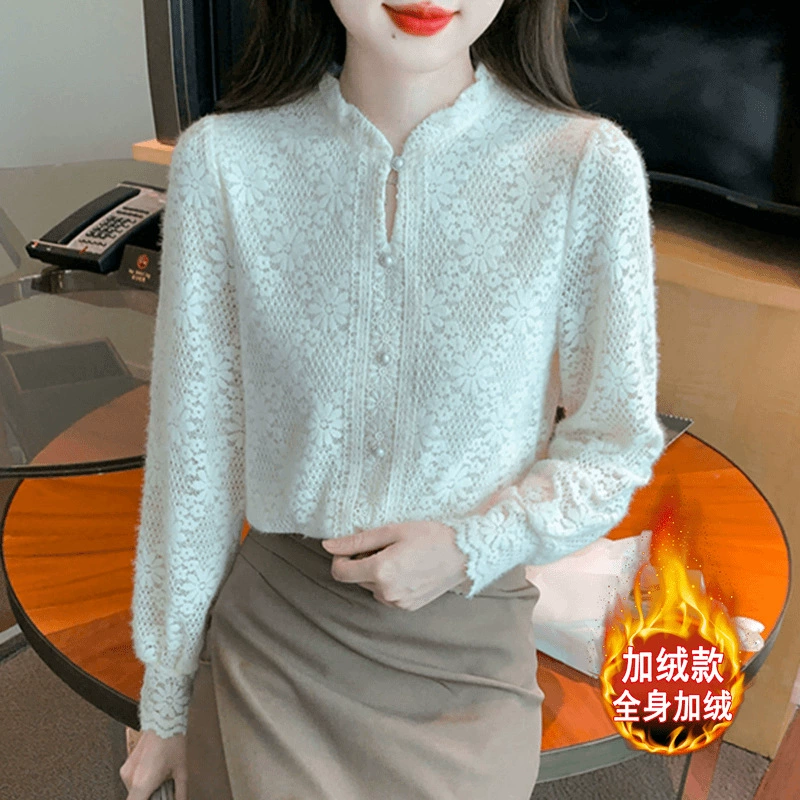 6001 осенний и зимний бархатный дизайн с ощущением французского полувысокого воротника нишевый топ модный иностранный стиль дикая нижняя рубашка с длинным темпераментом