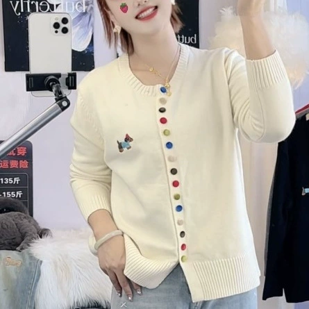 Большой размер женская маленькая ароматная цветная пуговица с круглым вырезом свитер куртка женская свободная ленивая осенью и зимой