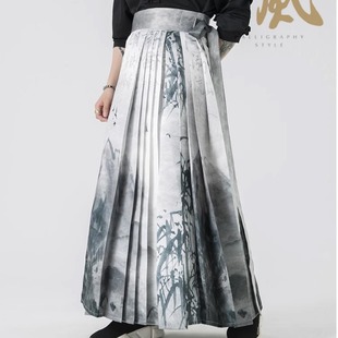 Chinese Style Four Seasons men's casual improved landscape printed maxi skirt couple retro Hanfu pantskirt costume