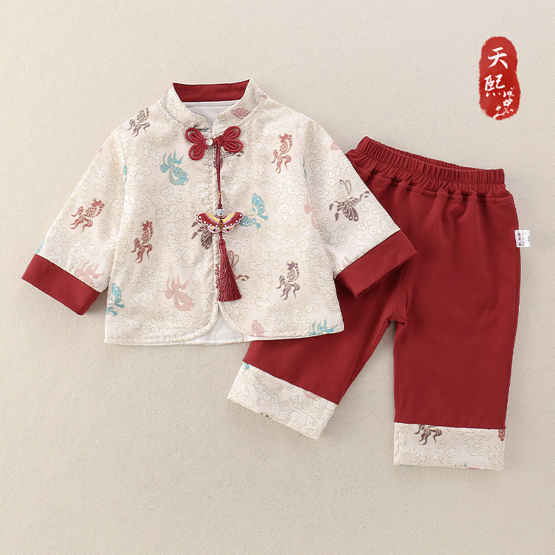 婴幼儿新中式分体套装春秋款宝宝百天抓周生日礼服中国风汉服爬服|undefined