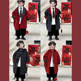 男童宝宝韩版连帽毛呢大衣2025冬季新款中小童圣诞新年中长款外套