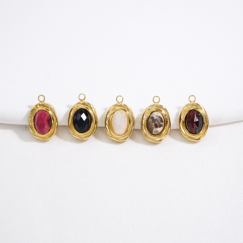 10 PCS/Package 304 Stainless Steel Natural Stone 14K Gold Plated Oval Beads display picture 8