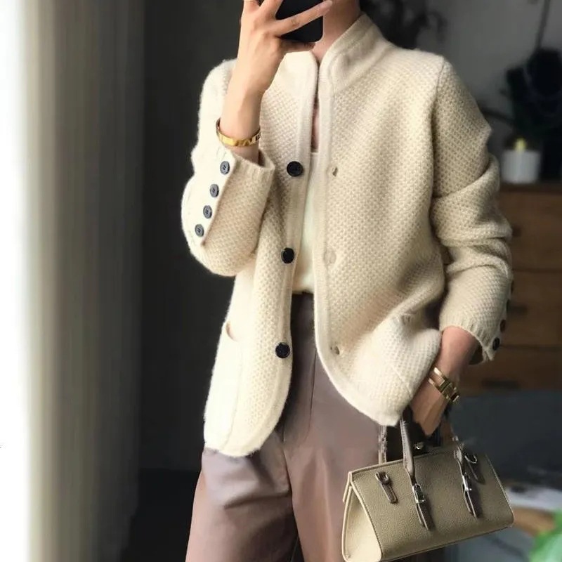 高級中国式女装復古風秋冬にウールカーディガンの立襟セーターのニットのゆるいコートの女性を厚くする|undefined