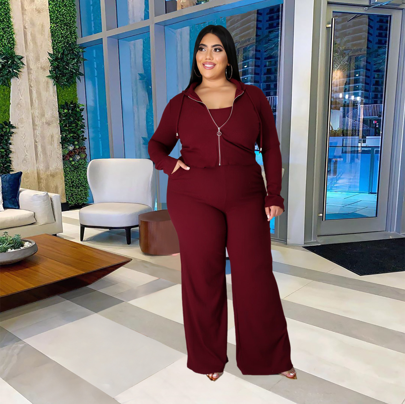 women plus size sweatshirt tube top bell-bottoms three-piece lounge set nihaostyles clothing wholesale NSBMF80103