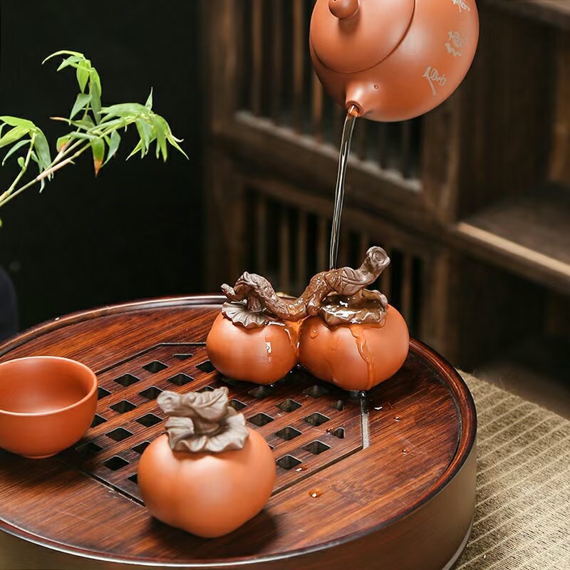 简约柿柿如意紫砂茶宠摆件精品可养好柿成双仿真水果手工茶艺茶玩