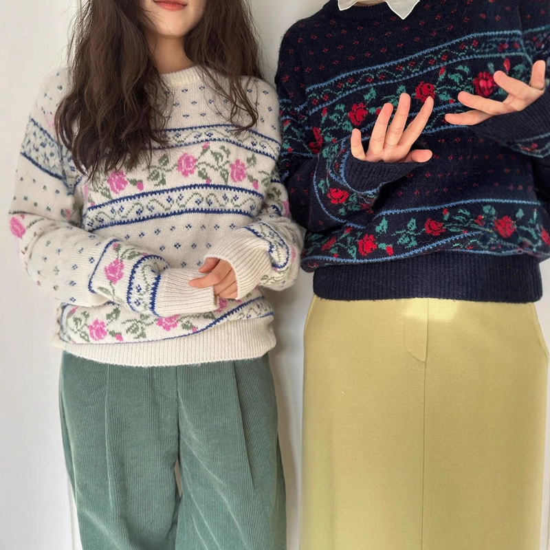 Now, Korean Designer Sien*E's Rose Sweater Is a Korean-Style Women's Round-Neck College Sweet Jacquard Knit Top