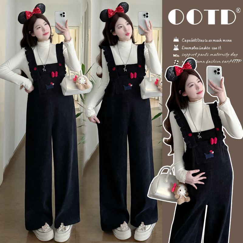 Real Shot of the Product~ Maternity Autumn and Winter Clothing, Fleece-Lined and Thickened, 2025 New Style, Christmas and New Year Atmosphere, Faux Overalls Set