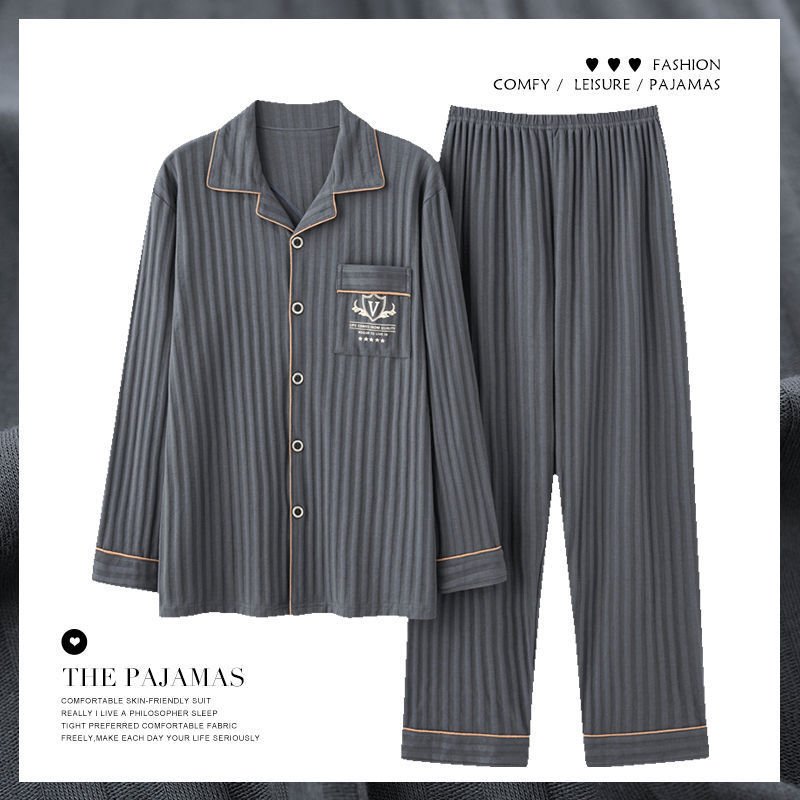 Pijama de algodón masculino primavera y otoño manga larga casual simple cardigan suelto grande conjunto de ropa para el hogar juvenil