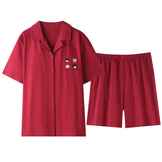 2025 Summer Pure Cotton Wedding Red Couple Pajamas Short Sleeve Shorts Cardigan Men and Women Cotton Newlywed Home Clothes