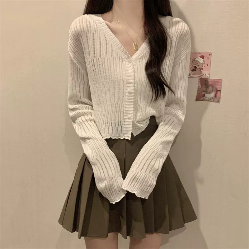 Тонкий вязаный свитер с V-образным вырезом, Женский Летний новый солнцезащитный крем с длинными рукавами, маленький кардиган для похудения, короткий Внешний Топ