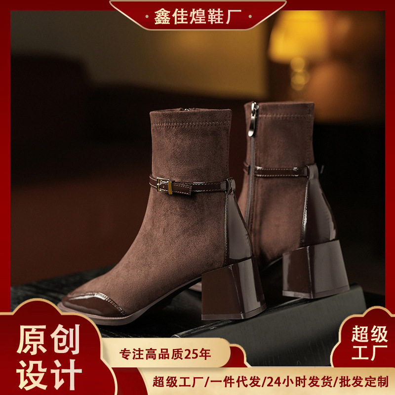 Bốt ngắn nữ mũi vuông gót vuông 6–8 cm phối khóa kéo bên — Màu nâu, Màu nâu lót nhung, Màu đen, Màu đen lót nhung