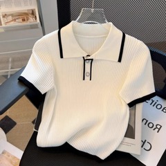 夏の白い襟の小さい香りの風のpoloの襟の半袖のニットのtシャツの上着の女性のネットの赤いのはやせている短い金のa 258を現します。