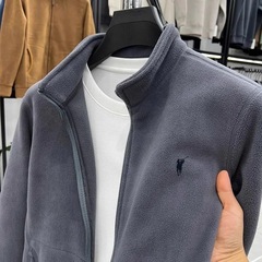 男性のアメリカの純色のフリースを厚くして、カーディガンを厚くして、襟を厚くして、ゆったりとした大きいサイズの耐摩耗性の汚れたコートを着ます。