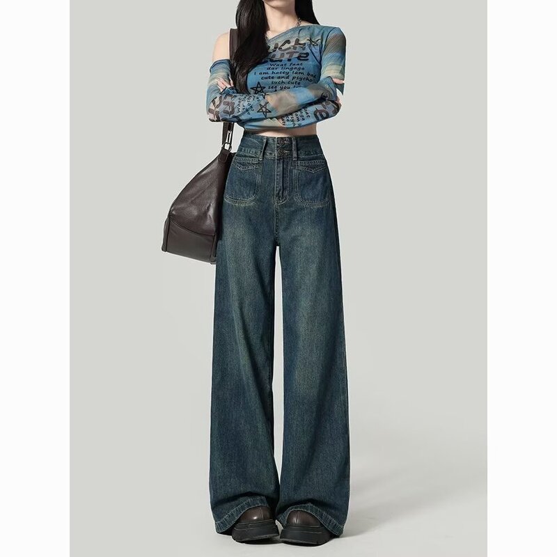 dark blue Wide Leg Jeans Women's Autumn 2025 New High Waist Loose Double Buckle Straight Tube Loose Slimming Pants