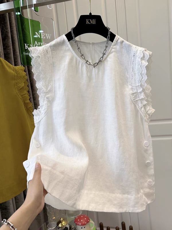 B222#（官图实价）特大码300斤拼接木耳边蕾丝小飞袖女上衣夏2025|undefined