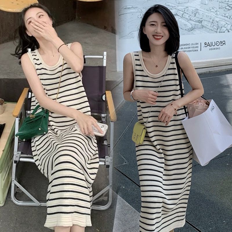 Vintage Striped Knitted Sleeveless Dress Women's Summer Outer Wearing Design Niche Large Size Loose Mid-length Dress