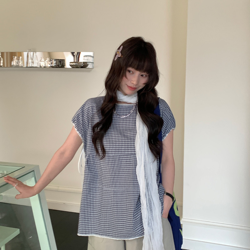 You Think the New Summer Style Lace Raglan Sleeve Loose Korean Style Pullover Plaid Shirt for Women 2951