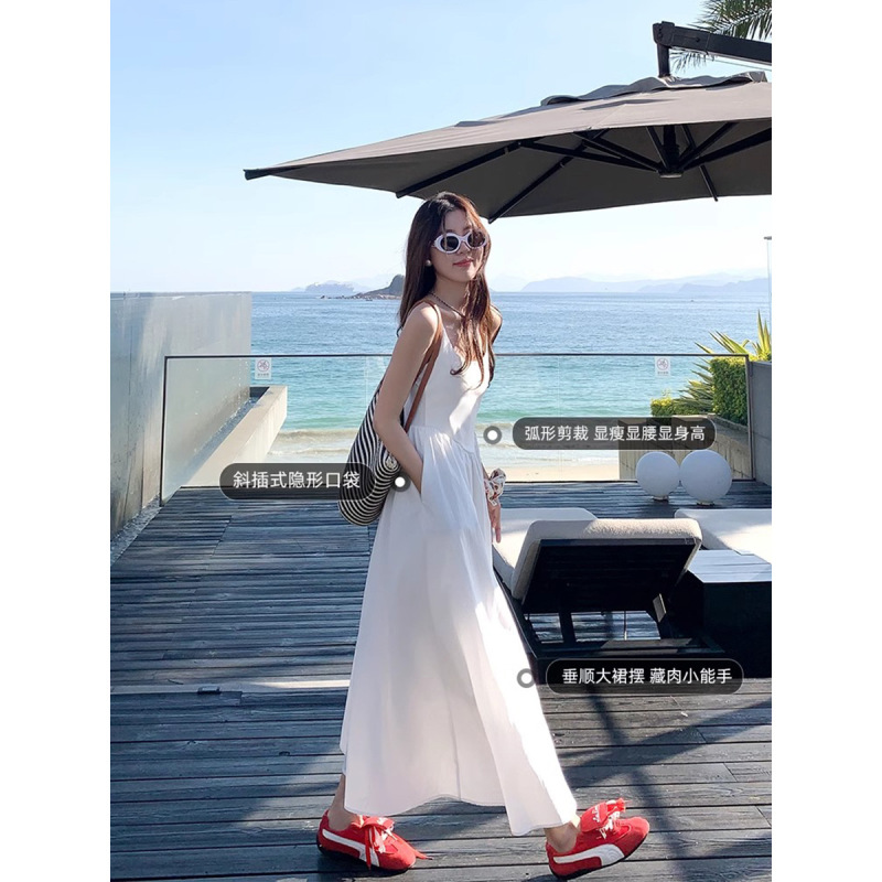 3027 #   Zeng Xiaoxian 優しいフレンチホワイトサスペンダードレス夏の海辺の休暇スカートシフォンサスペンダースカート|undefined